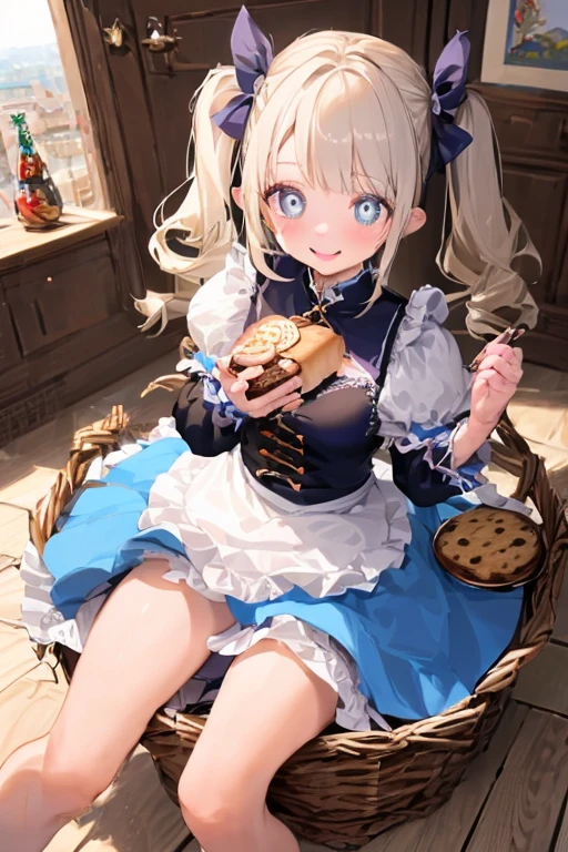 (perky chest:1.2), (pointed chest:1.2),(((Black Tunic:1.3))),(((cakes and bread in the basket),Cute and beautiful girl,Cute round face,Cute smile,with blush cheeks,Red Lip,a girl 22 years old, nsfw:1.2, beautiful body:1.3), shinny skin, BREAK, ((alice in the wonderland:1.3, cute, kawaii, lovely, funny, a girl falling down from sky:1.3, girl flying in sky:1.2, girl floating in air:1.3, rolling upskirt by wind:1.5, (with sparkling eyes and a contagious smile),open mouth, Looking at Viewer, surprised, putting hands on crotch over the skirts:1.35)), BREAK, ((floating things as follows:1.3, PlayingCards, Trump, tea cup, tea pot, tea spoons, pocket watch:1.3, lip sticks, candies:1.2, cookies, jam bottles, classical door_keys)), ((long purply_Blue dress :1.5, wearing long flaired skirt:1.3, the skirt is blowing:1.3, cute White Apron, black stockingedium long platinum-blonde hair:1.2, twin tail hair:1.6, tied hair with a large ribbon), (Blue eyes, bright pupils with highlights, detailed eyes), (lying down on your back:0.7, spreading legs with rising up straight:0.7), sexy posture, fantastic colorful art, (fantasy art:1.2, wondered images), ((correct anatomy:1.5, perfect anatomy:1.3, correct hand, small foot:1.2)),
