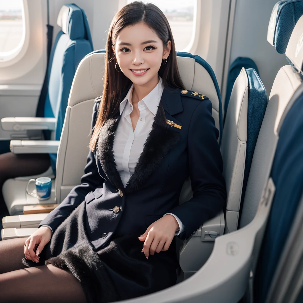 young girl 32 years old, flight attendant, sitting in the airplane seat, dressed in uniform, smiling, posing, 8k, maximum quality, maximum resolution, black fur, sexy, neckline, Free hair, very thin, pied, without jacket
