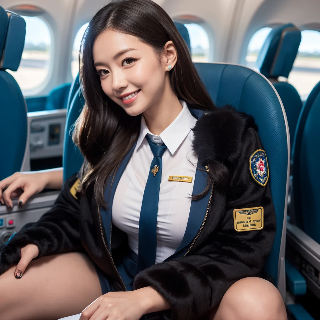 young girl 32 years old, flight attendant, sitting in the airplane seat, dressed in uniform, smiling, posing, 8k, maximum quality, maximum resolution, black fur, sexy, neckline, Free hair, very thin, pied, without jacket