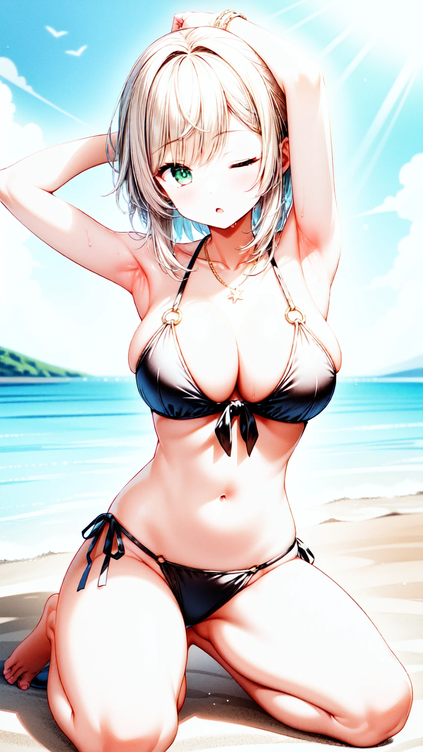 1girl,masterclass,best quality, illustration, solo, hyperbreasts, very large breast, nahidadef, ;o, one eyes closed,bare_shoulders,beach,blue_sky,blush,breasts,cloud,front-tie_bikini_top,front-tie_top,full_body,navel,necklace,o-ring,o-ring_bikini,ocean,on_ground,outdoors,seiza,sitting,spread legs,sky,stomach,sunlight,swimsuit,arm up, arm behind head, armpits