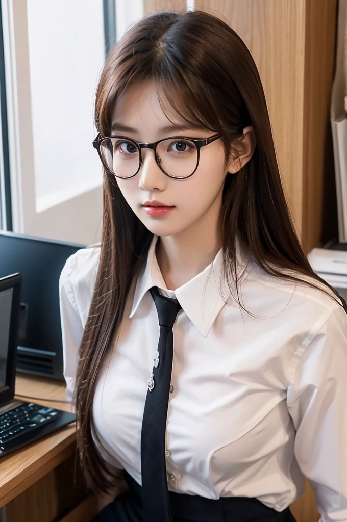 1girl, masterpiece, high_quality, office_uniform, glasses, brown_hair, white_shirt, black_necktie, cowboy_shot