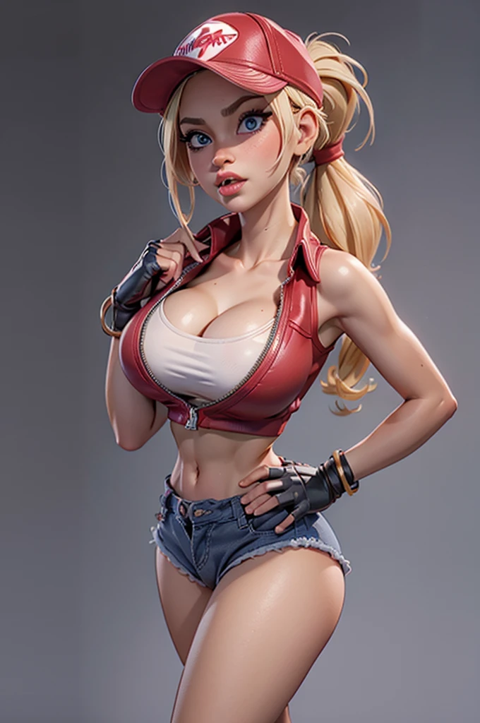 (masterpiece), best quality, expressive eyes, perfect face, highres, (8k), (perfect face), (ultra details), 1 girl, solo, terry bogard girl, blonde hair, ponytail, blue eyes, long hair, baseball cap, fingerless gloves, denim shorts, shoes, hands on own chest
, blushing, frightened, anguished, open-mouthed, room background, no posing, standing, portrait, looking down