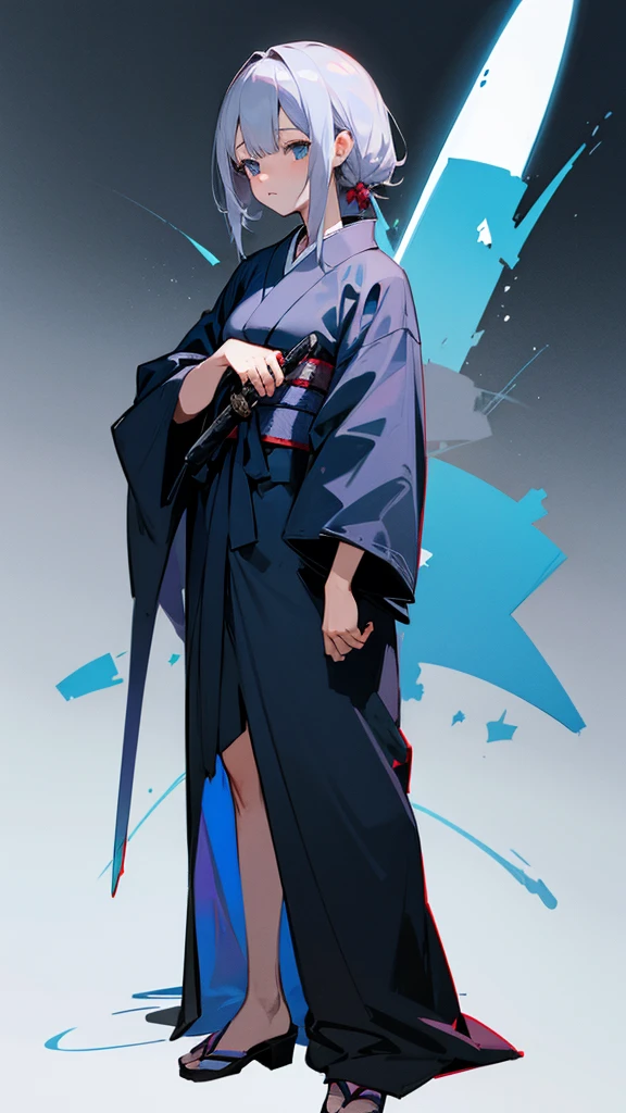 Anime girl wearing grey hair wearing a bloody kimono dress standing holding a sword and holding a teddy bear her eyes are blue full body and white screen
