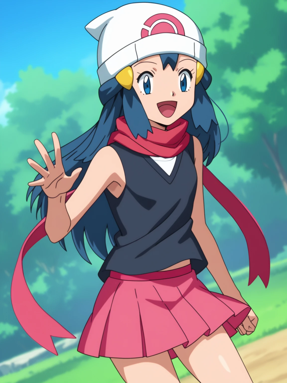 score_9, score_8_up, score_7_up, source anime, anime, animification, anime screencap, anime coloring, vivid colors, shiny skin, skindentation, deep skin, depth of field, high quality, highres, (dynamic angle,dynamic pose), dawncheerxl, 1girl, solo, long hair, looking at viewer, smile, open mouth, blue eyes,beanie, black sleeveless shirt, pink scarf, pink skirt, pink boots,outdoors, hair ornament, sky, holding, blue hair, :d, sidelocks, tongue, socks, hairclip, eyelashes , dawn \(pokemon\) BREAK masterpiece,high quality