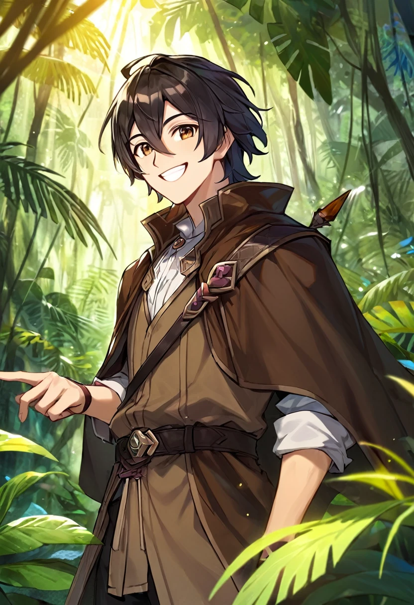 man, dnd, adventurer, brown cloak,black hair ,jungle , sun light, smile