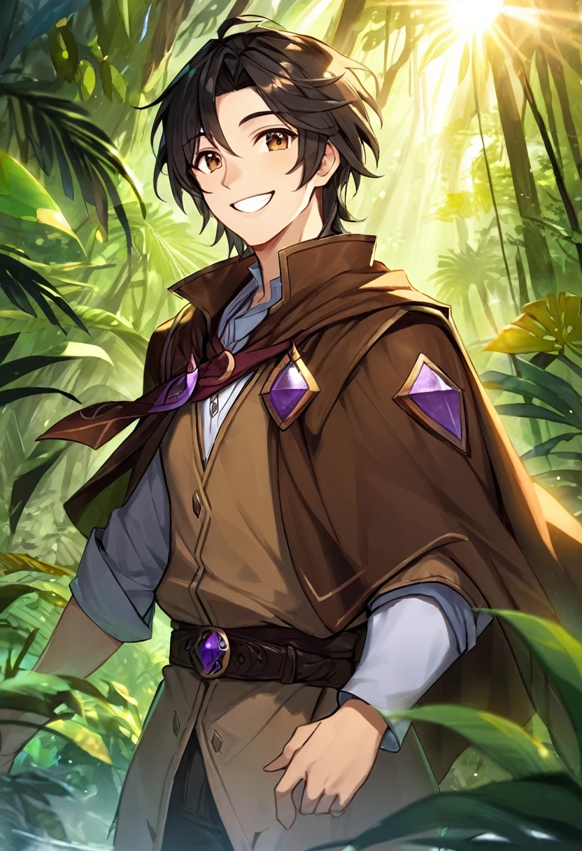 man, dnd, adventurer, brown cloak,black hair ,jungle , sun light, smile