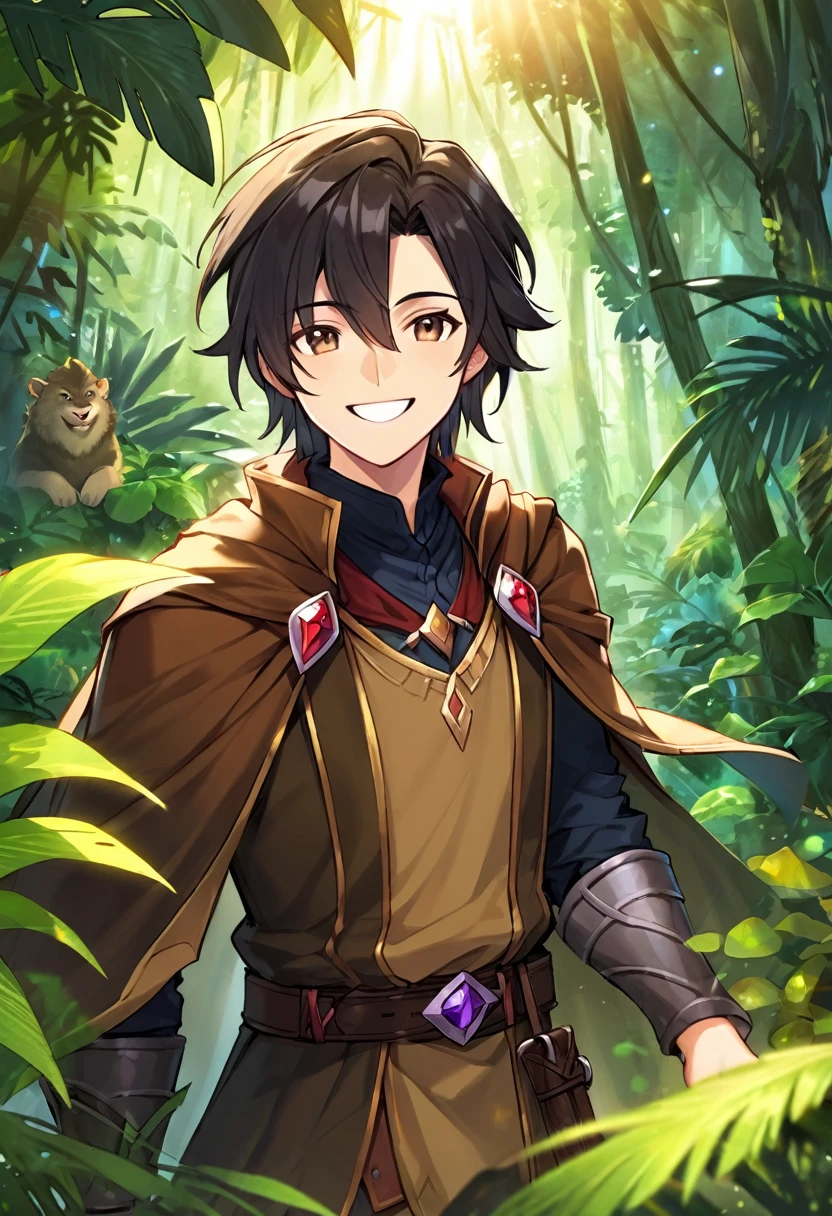 man, dnd, adventurer, brown cloak,black hair ,jungle , sun light, smile