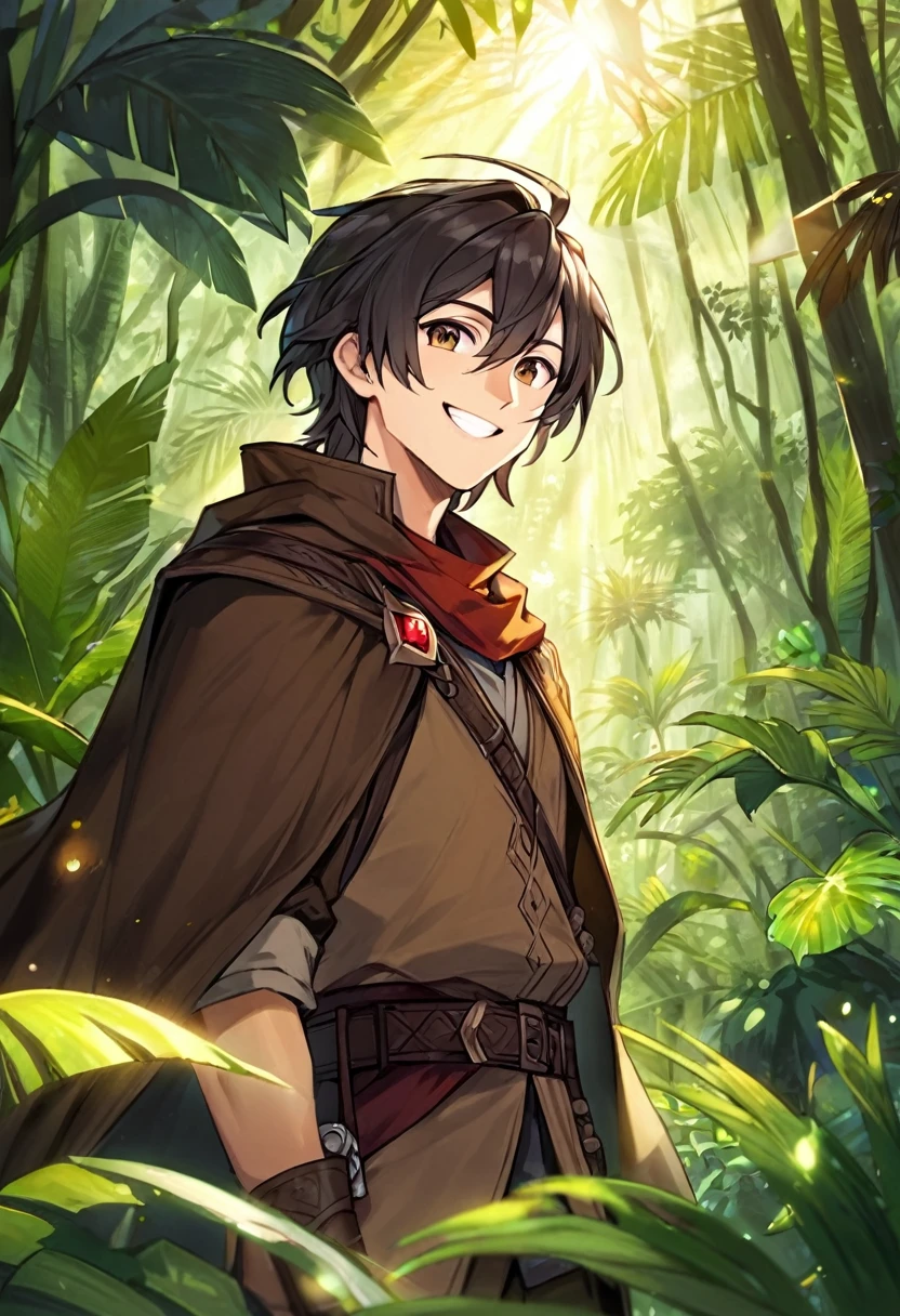 man, dnd, adventurer, brown cloak,black hair ,jungle , sun light, smile