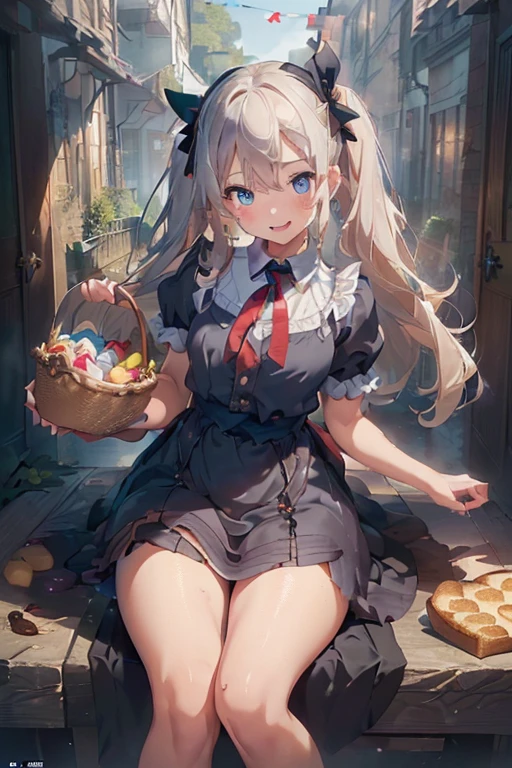 (perky chest:1.2), (pointed chest:1.2),(((Black Tunic:1.3))),(((cakes and bread in the basket),Cute and beautiful girl,Cute round face,Cute smile,with blush cheeks,Red Lip,a girl 22 years old, nsfw:1.2, beautiful body:1.3), shinny skin, BREAK, ((alice in the wonderland:1.3, cute, kawaii, lovely, funny, a girl falling down from sky:1.3, girl flying in sky:1.2, girl floating in air:1.3, rolling upskirt by wind:1.5, (with sparkling eyes and a contagious smile),open mouth, Looking at Viewer, surprised, putting hands on crotch over the skirts:1.35)), BREAK, ((floating things as follows:1.3, PlayingCards, Trump, tea cup, tea pot, tea spoons, pocket watch:1.3, lip sticks, candies:1.2, cookies, jam bottles, classical door_keys)), ((long purply_Blue dress :1.5, wearing long flaired skirt:1.3, the skirt is blowing:1.3, cute White Apron, black stockingedium long platinum-blonde hair:1.2, twin tail hair:1.6, tied hair with a large ribbon), (Blue eyes, bright pupils with highlights, detailed eyes), (lying down on your back:0.7, spreading legs with rising up straight:0.7), sexy posture, fantastic colorful art, (fantasy art:1.2, wondered images), ((correct anatomy:1.5, perfect anatomy:1.3, correct hand, small foot:1.2)),