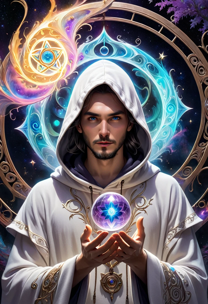 ((Correct and perfect anatomy) ) ((手指Correct and perfect anatomy) )The runes in the mysterious rune magic circle exude a mysterious light,Fascinating and curious. A beautiful astrologer(The eyes are clear and bright)Beautiful astrologer with long and flowing white hair wearing a white luminous hoodie holding a luminous crystal ball(There is a star-shaped totem inside the crystal ball)Close-up of man standing in magic circle casting spell. ethereal, Intricate Fantasy Art Vibrant Surrealism, magic energy, High dynamic range, Dark magic swirl pattern, Mystical Art of Illusion, Extremely detailed dream scenes, Immerse yourself in a magical world, Super detailed art、Delicate and beautiful、 masterpiece、Premium content is very detailed、Dynamic angles and elegant atmosphere Perfect composition Intricate details Meticulous digital art