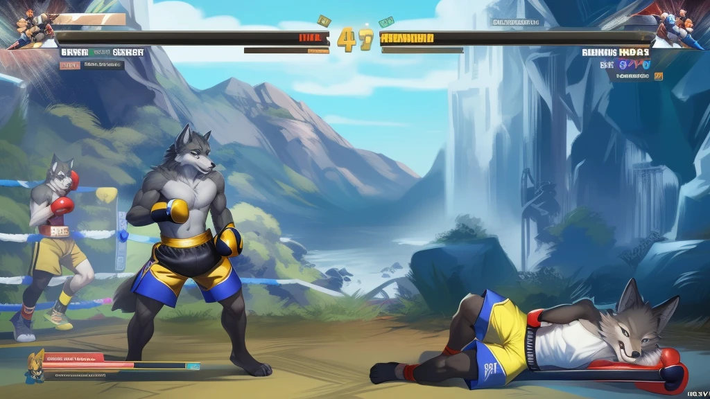a detailed picture of a boxing match (male anthros, two boy), slim body, slim features, in a boxing ring, Ross Tran, ruan jia, trending on artstation, foxovh,User Interface of Fighting game, Crisis, assorted poses, assorted expression, full body, sound effects, motion blur, from side, ((yellow wolf, blue shorts, knocked out on the floor)), (((gray wolf, white shorts, boxing pose))) “VS”