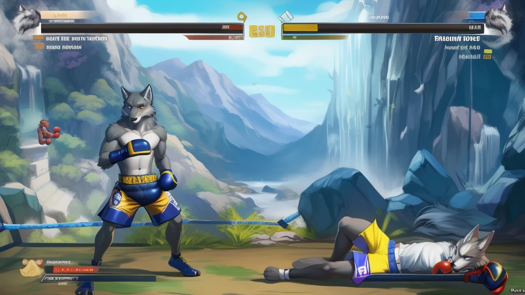 a detailed picture of a boxing match (male anthros, two boy), slim body, slim features, in a boxing ring, Ross Tran, ruan jia, trending on artstation, foxovh,User Interface of Fighting game, Crisis, assorted poses, assorted expression, full body, sound effects, motion blur, from side, ((yellow wolf, blue shorts, knocked out on the floor)), (((gray wolf, white shorts, boxing pose))) “VS”
