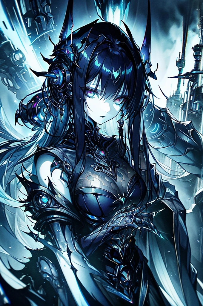 A cybernetically enhanced gothic alien girl, a masterpiece of mechanical horror looms in the shadows. This eerie creature is depicted in a hyper-realistic oil painting, capturing every intricate detail in stunning clarity. Its metallic fins glimmer with neon lights, contrasting starkly against its decaying scales. The background is a dark, polluted cityscape, adding to the ominous atmosphere of the image. The overall quality of the painting is so lifelike that it feels as if the alien could leap out of the canvas at any moment.