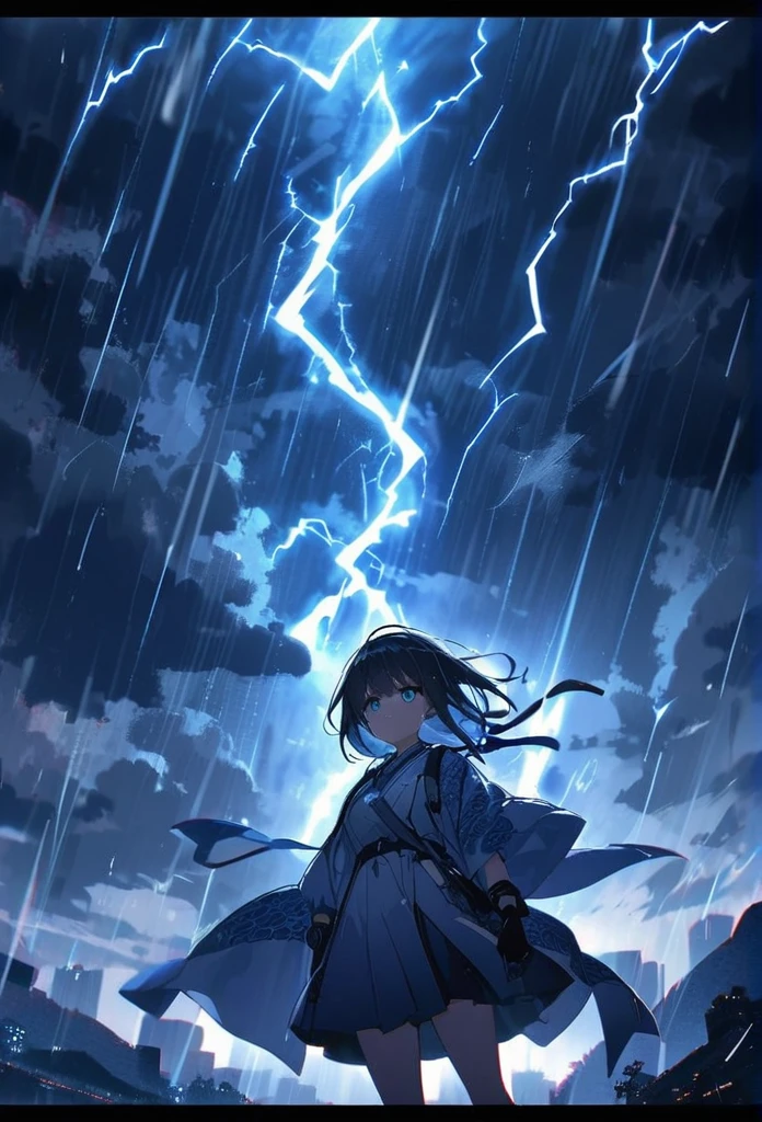 Rise Up。Flying in the sky。blue glowing oriental dragon。Night Sky。Lightning strikes。rain。