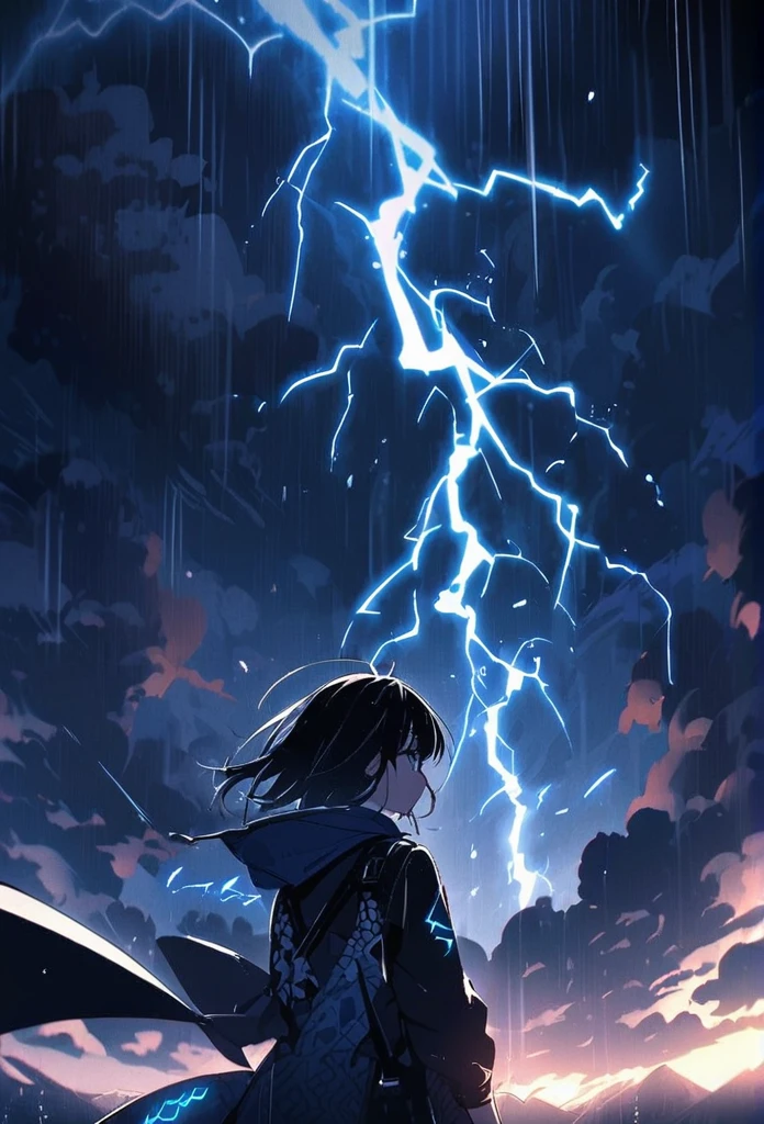 Rise Up。Flying in the sky。blue glowing oriental dragon。Night Sky。Lightning strikes。rain。