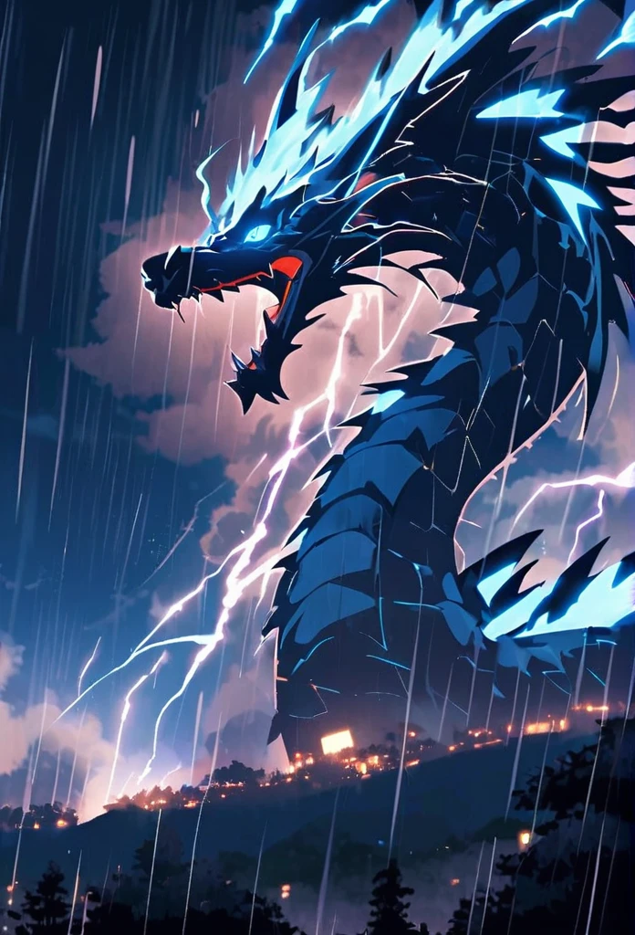 Rise Up。Flying in the sky。blue glowing oriental dragon。Night Sky。Lightning strikes。rain。