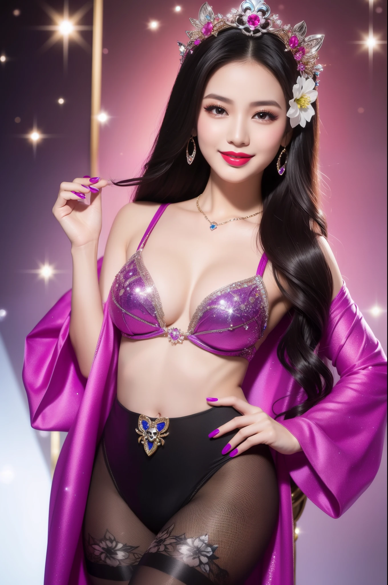 Thai model who controls poison、beautiful smile、lip-gloss、bold lipstick、intense makeup、look at the camera、full body Esbian、、sparkling poisoned flower costume、、、、sparkling Colorful hair、secrete poison、skull hair accessories、sexyhts、shiny sparkling flowers background