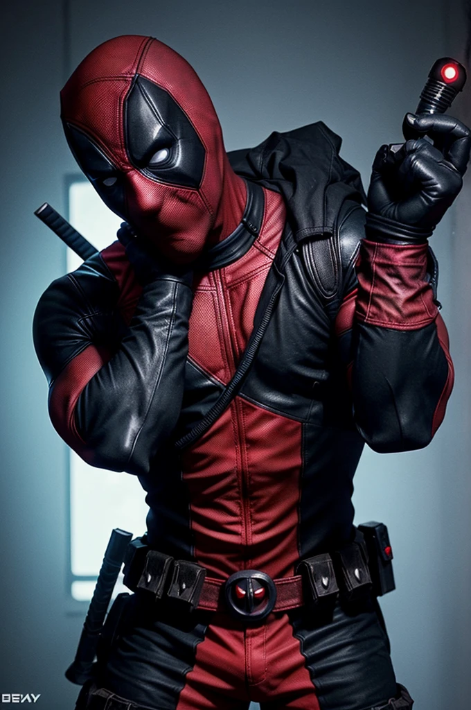 Generate an image of Deadpool reimagined as a gaming character with an evil personality. He should be in a dark, high-tech gaming setup, showcasing his independence and focus on quality over quantity. Include elements that emphasize his sinister side, like a mischievous grin and glowing red eyes, while also highlighting his skill and dedication to gaming, just classic Deadpool look with 2 swords 