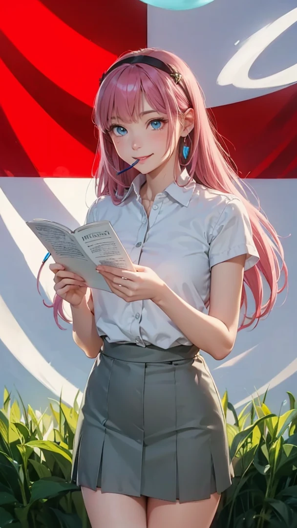 highest quality、masterpiece、８K、1 female、20-year-old、pink hair、Wavy Long Hair、bangs、fox ears、(attractive woman)、(smile)、white blouse、room、emerald blue eyes、sparkling eyes、big bust、((from waist to head))、(sitting at the desk)、Novelist、holding a pencil in mouth、(transparent)、(pure)、aerial perspective、