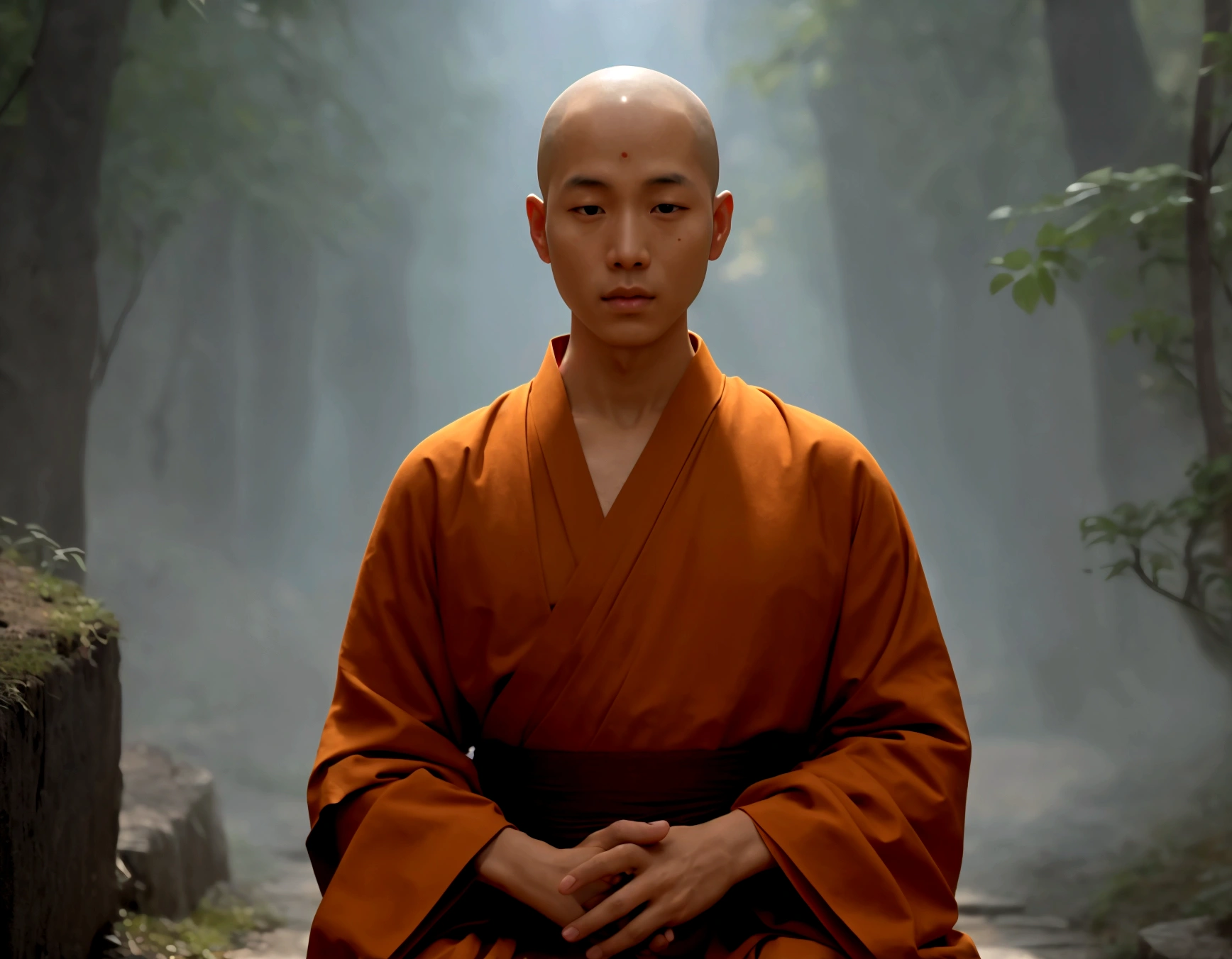 dhist monk, 2 1 st century monk, monk meditate, monk, monk clothes, buddhist monk meditating, enlightenment, artist unknown, on the path to enlightenment, samsara, serene expression, by Li Mei-shu, concept art of a monk, spiritual enlightenment