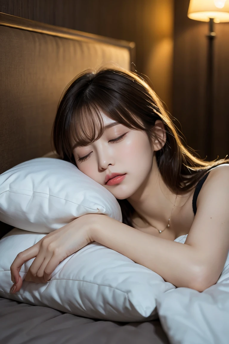Lying in bed in a high-rise hotel with a stylish night view , Highest quality, shape, Very detailed, In detail, High resolution, 8k wallpaper, Perfect dynamic composition, Beautiful details, Natural Lip, Cute Costumes, Big Breasts, Cleavage, She is sleeping on her side, her face tucked into the pillow, her eyes closed and her cute sleeping face..., A masterpiece of the whole body, Full Body Shot