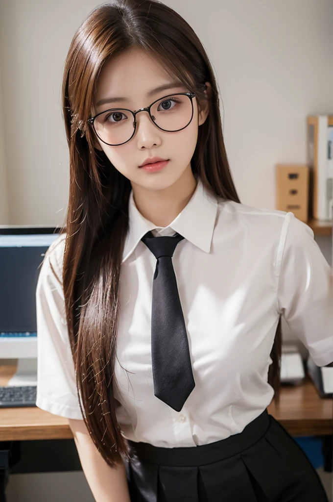 1girl, masterpiece, high_quality, office_uniform, glasses, brown_hair, white_shirt, black_necktie, cowboy_shot