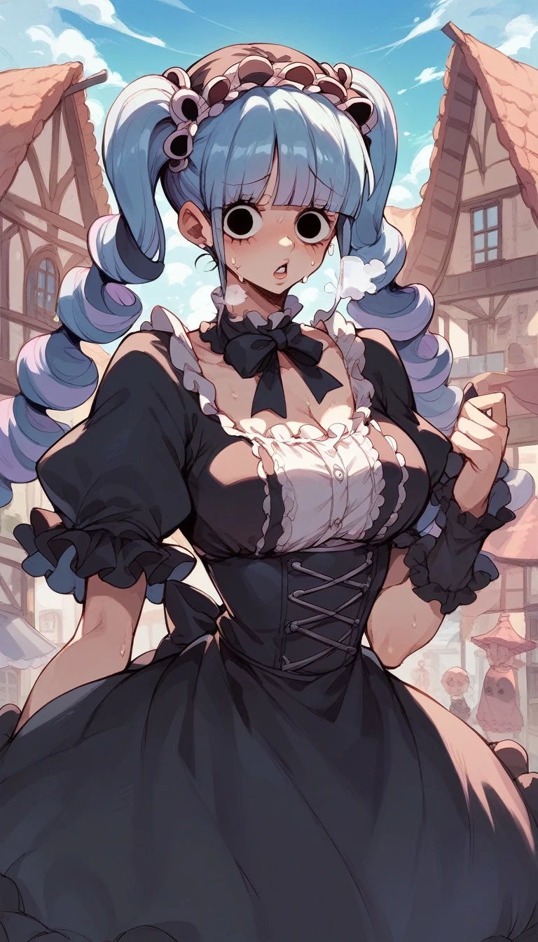 nsfw,1 person,Sweat,White Breath,solo,one piece,Perona,In town,Gothic Lolita Clothing