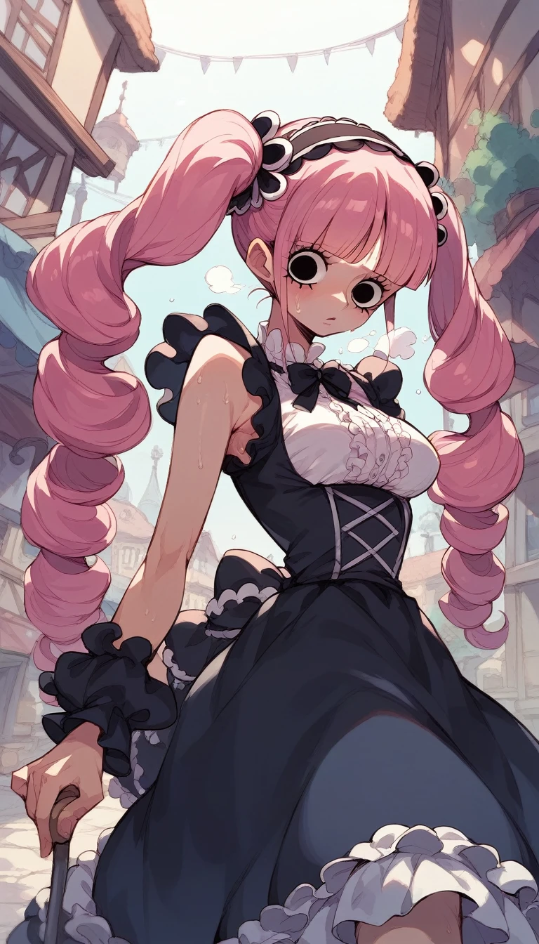 nsfw,1 person,Sweat,White Breath,solo,one piece,Perona,(Cleavage voyeur),sit,room,Small breasts,View from above,Gothic Lolita,Mini Hat,Pink Hair