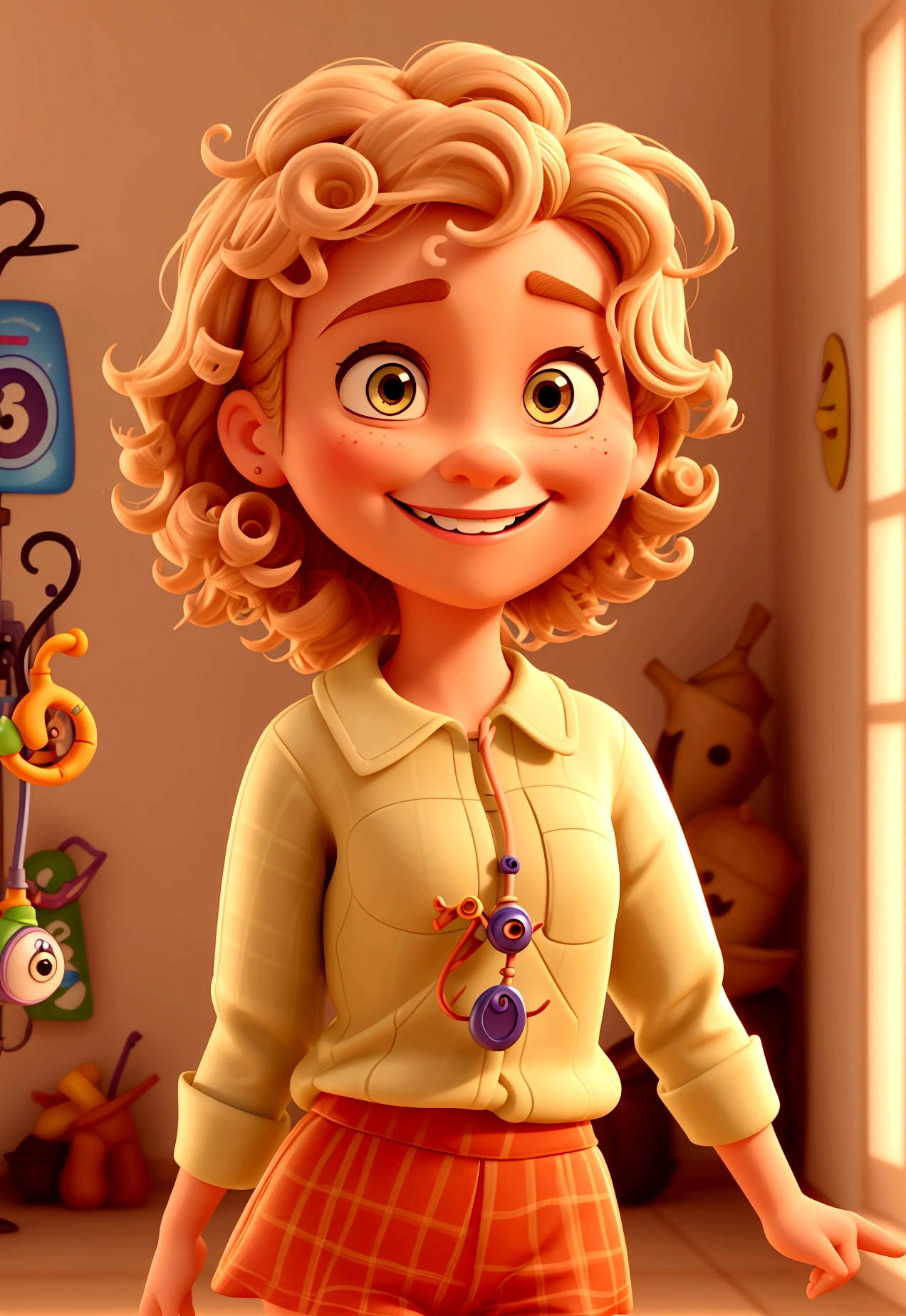 Imagem estilo pixar com personagem femenina, short blonde curly hair , dancing, Disney makeup,fisherman, cute, smiling ,close up, pixar, Disney, cinema lighting,