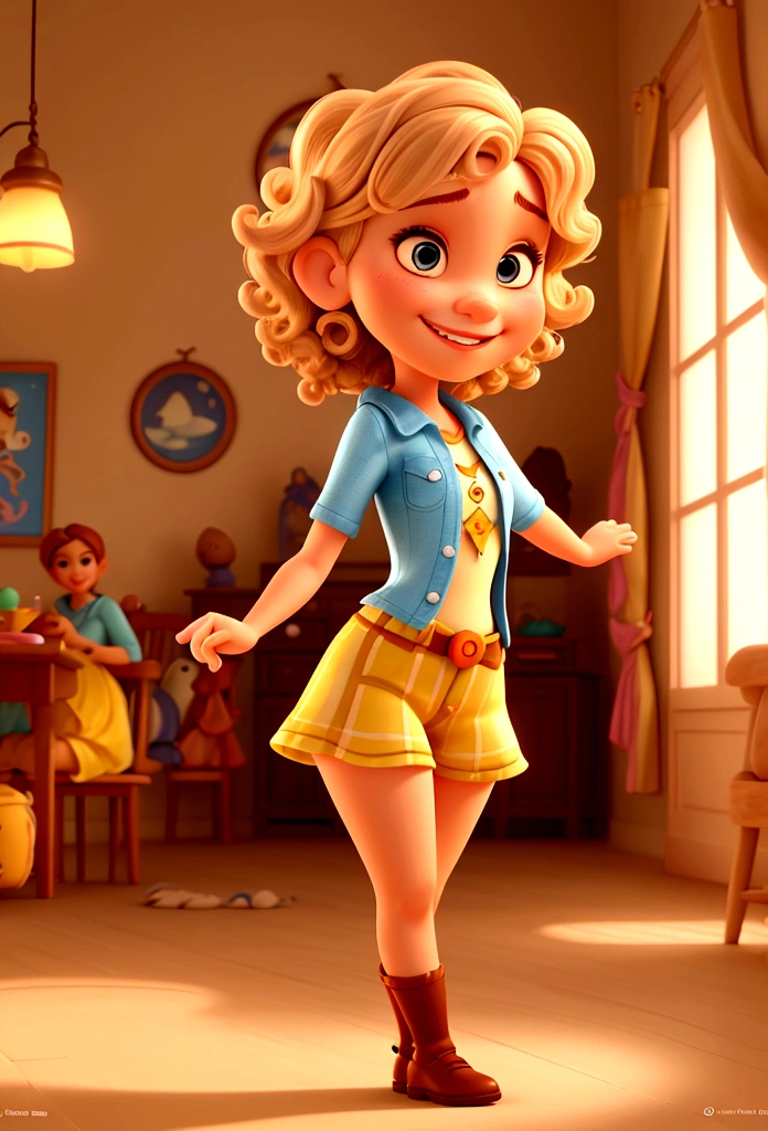 Imagem estilo pixar com personagem femenina, short blonde curly hair , dancing, Disney makeup,fisherman, cute, smiling ,close up, pixar, Disney, cinema lighting,
