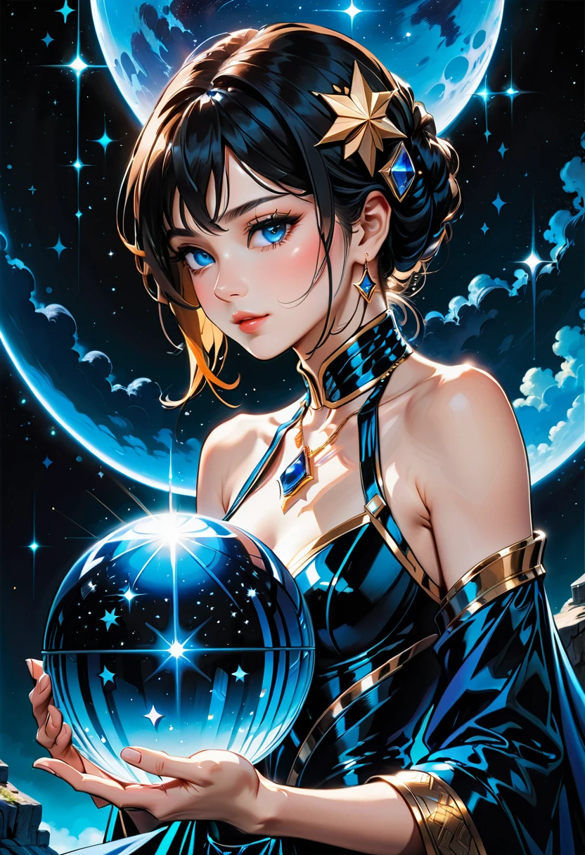 a extreme close up facial picture of an astrologist who divine the future from the stars, an extraordinary beautiful woman, divining the future from the stars, there is magic in her eyes, the ((her eyes are deep blue filled with stars: 1.5)) ladyshadow, blond hair color, dynamic hair style, wearing an intricate dress, necklace made from diamonds in the shape of stars, she sits near a table, seeing the future in the stars, (holding a crystal ball filled with stars: 1.2) ladyshadow,  , dynamic clothing, dynamic background, vibrant, Ultra-high resolution, High Contrast, (masterpiece:1.5), highest quality, Best aesthetics), best details, best quality, highres, 16k, [ultra detailed], masterpiece, best quality, (extremely detailed), Shiny..., ladyshadow, dark novel, magical sky
