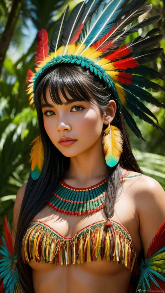 SFW. ((RAW photo, Best quality)), (Realistic, photo-realistic:1.2). A beautiful indigenous girl in native dress with feathers and feathers on her HEAD, Blue and red green macaw FEATHERS, jaguar on right. amazon indian peoples in brazil, beautiful young female brazilian Native girl, Hot body, body in good shape, very detailed face, Yanomami Indian in typical costumes,High quality. Amazonia forest Background. Cinematic lighting. 