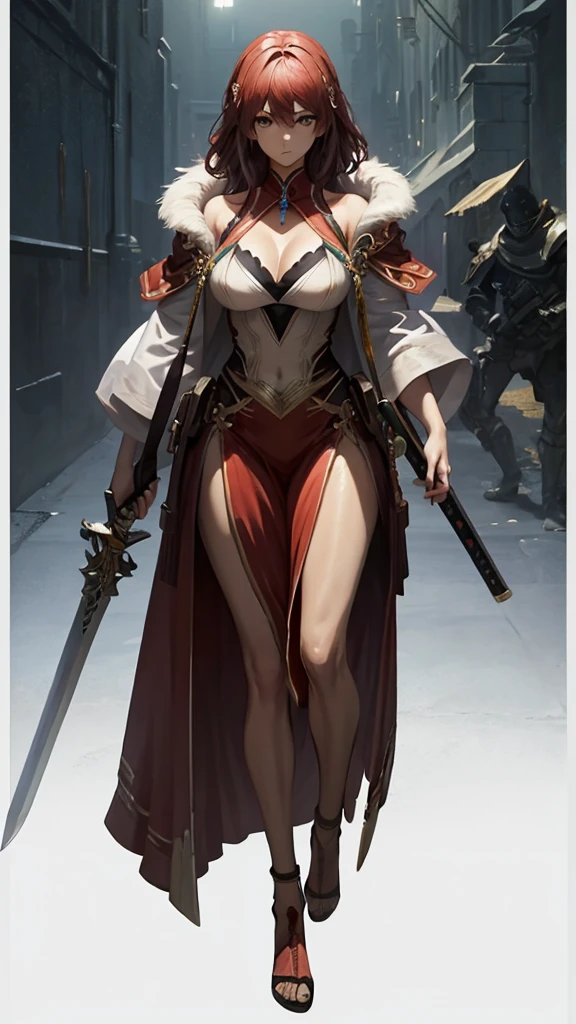 (masterpiece, 4K ,Super detailed:1.2), (anime:1), (Perfect quality), The whole body is shown, View Viewer, Holding a sword,  Desperate look, Muscular and ultra violent women, Powerfully々And, RPG concept art character, Elegant appearance