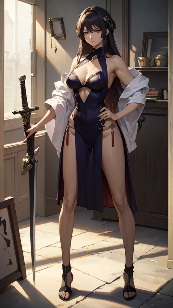 (masterpiece, 4K ,Super detailed:1.2), (anime:1), (Perfect quality), The whole body is shown, View Viewer, Holding a sword, Desperate look, Muscular and ultra violent women, Powerfully々And, RPG concept art character, Elegant appearance