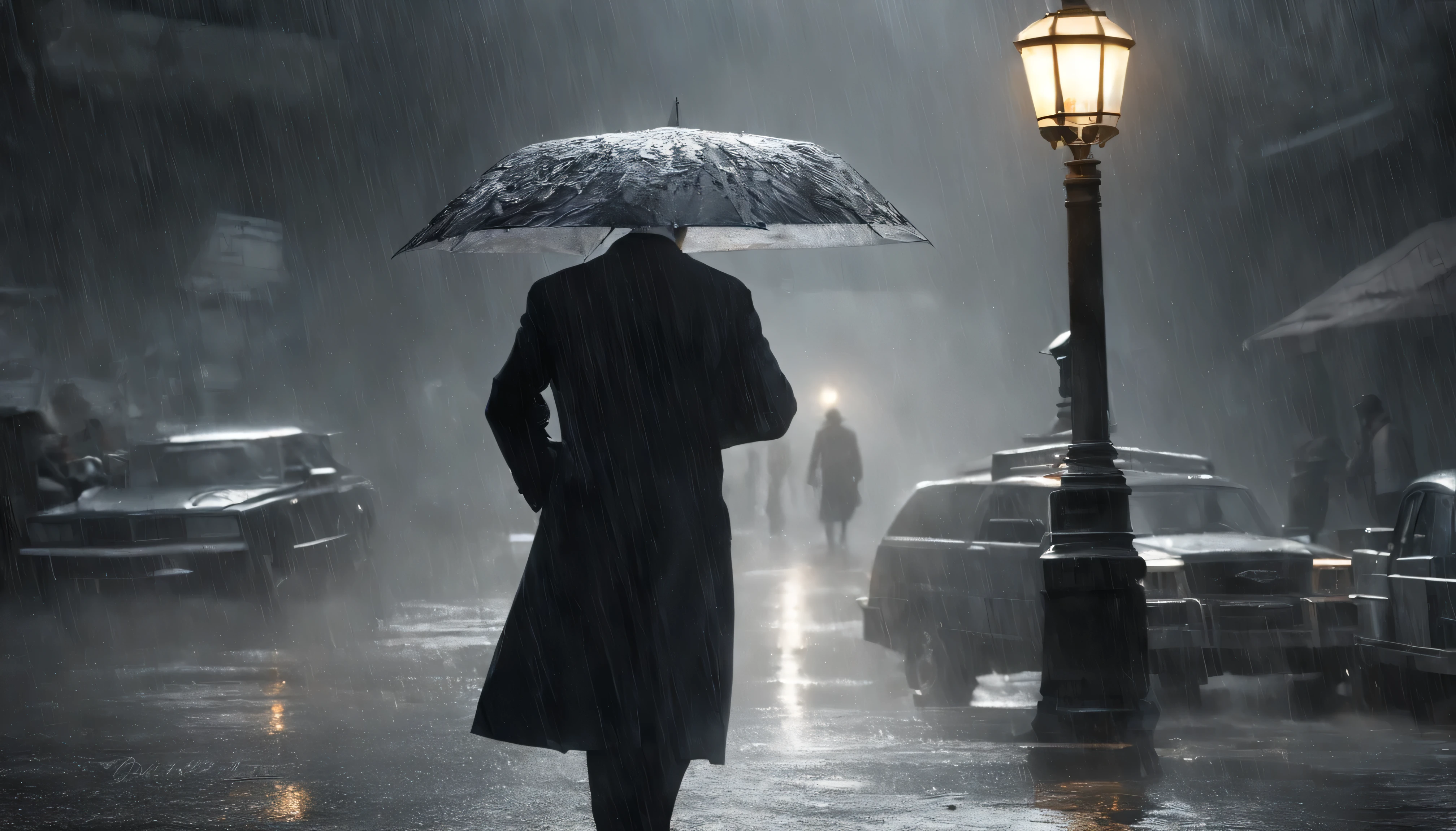 A dark shadow figure that exudes a powerful and commanding presence. Here’s a more vivid depiction:
In the midst of a torrential downpour, the tall, alpha, and lean muscular long traps and shoulder frame dark shadow figure strides with an air of unshakeable confidence. His long, black hair, slicked back with gel and wax, clings almost immovably to his scalp despite the relentless rain. The dark evening only enhances the regal yet ominous aura of his attire – a dark royal, old-money style perfectly fitted grey three-piece suit, double-buttoned, impeccably tailored to his powerful frame. 

He hides his half face in the dark of open black umbrella he holds in his hands which does little to shield him from the rain, completing his formidable appearance. Each step he takes is deliberate and purposeful, embodying the cool, unflinching stride of a mafia boss. His presence is a blend of elegance and intimidation, as the downpour cascades off the edges of the umbrella, creating a ripple effect that mirrors his captivating, larger-than-life persona he walkes out of from the cemetery to his old vintage car in heavy rain 