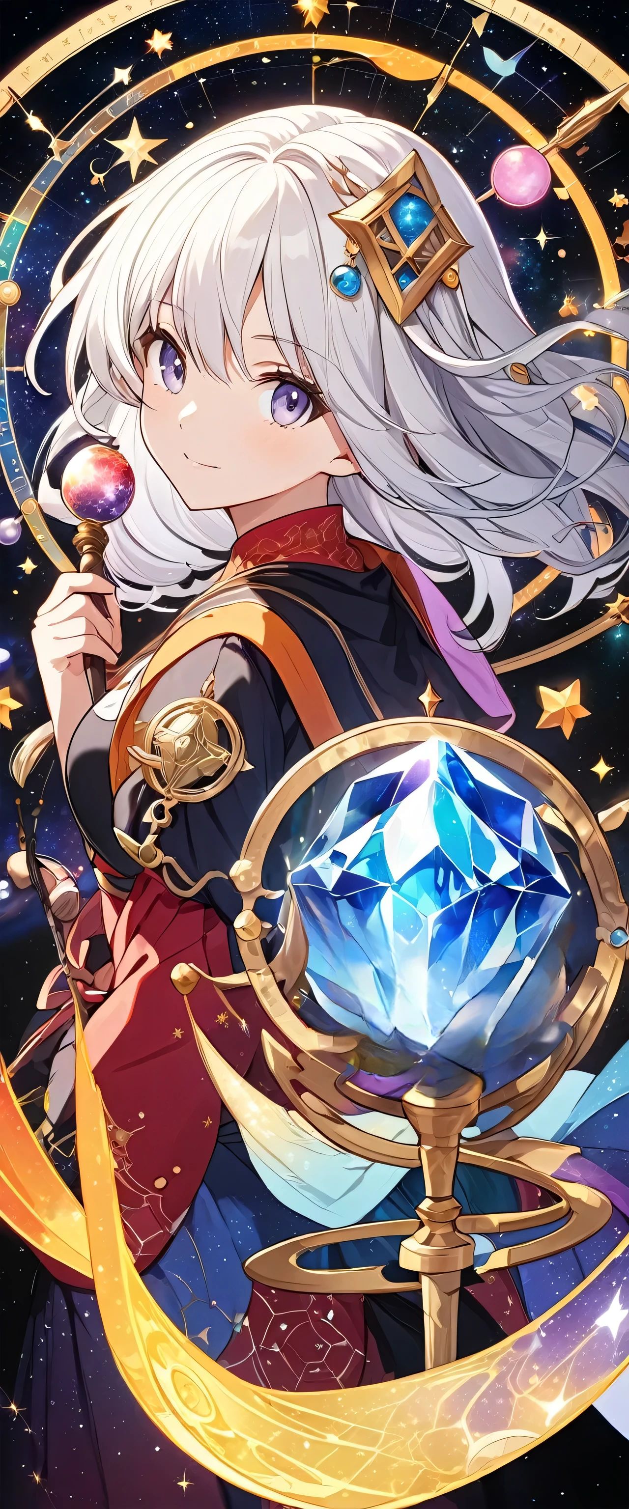 Beautiful Celestial Astrologer, Detailed key animation art, Official Anime Artwork,Girl with light purple hair holding crystal ball staff,Shoulder silver shawl cosmic astrology girl, Black background with astrological chart and colorful bright stars.