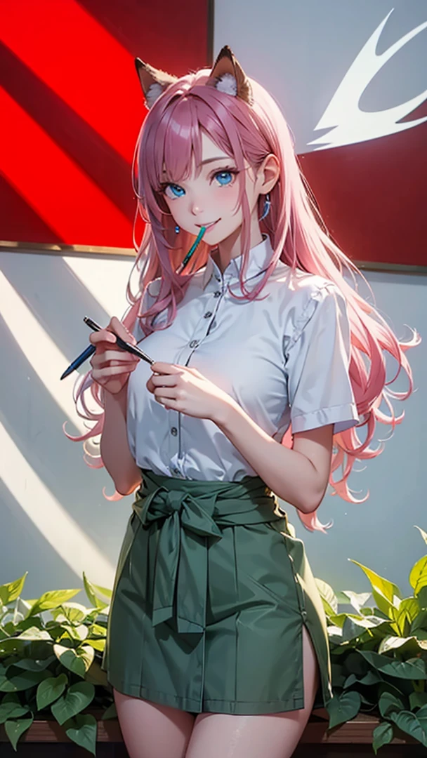 highest quality、masterpiece、8K、1 female、20-year-old、pink hair、Wavy Long Hair、bangs、fox ears、(attractive woman)、(smile)、white blouse、room、emerald blue eyes、sparkling eyes、big bust、((from waist to head))、(sitting at the desk)、Novelist、holding a pencil in mouth、(transparent)、(pure)、aerial perspective、