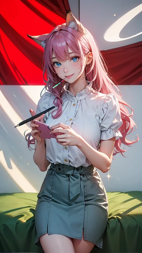 highest quality、masterpiece、8K、1 female、20-year-old、pink hair、Wavy Long Hair、bangs、fox ears、(attractive woman)、(smile)、white blouse、room、emerald blue eyes、sparkling eyes、big bust、((from waist to head))、(sitting at the desk)、Novelist、holding a pencil in mouth、(transparent)、(pure)、aerial perspective、