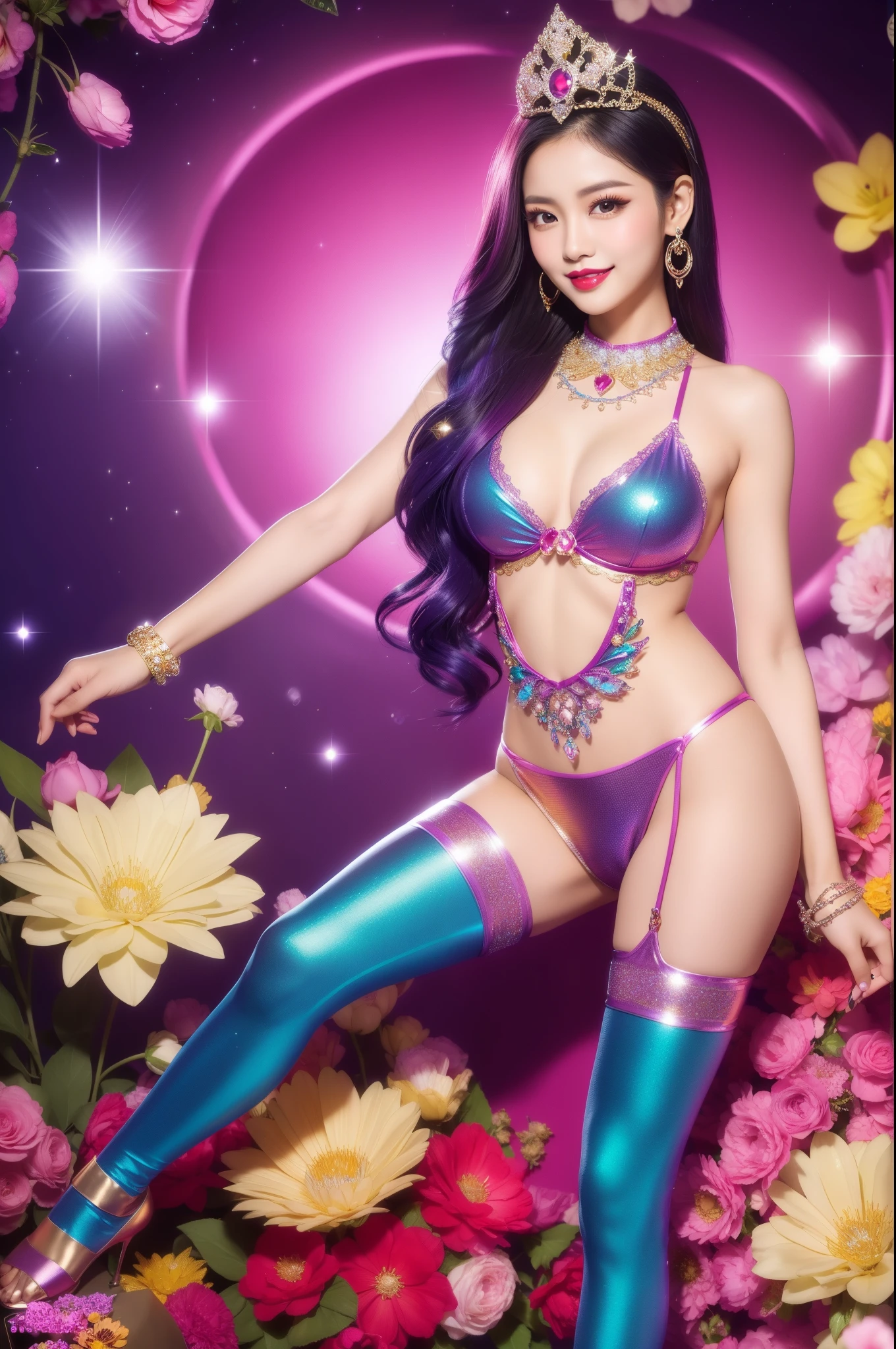 sexy Thai model who controls poison、beautiful smile、lip-gloss、bold lipstick、colorful metallic makeup、look at the camera、full body Esbian、、sparkling poisoned flower costume、、、、sparkling Colorful hair、secrete poison、skull hair accessories、sexy tights、shiny sparkling flowers background