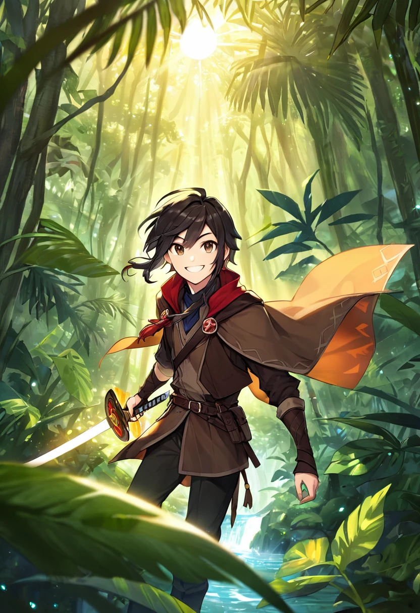 man, dnd, adventurer, brown cloak,black hair ,jungle , sun light, smile, sword