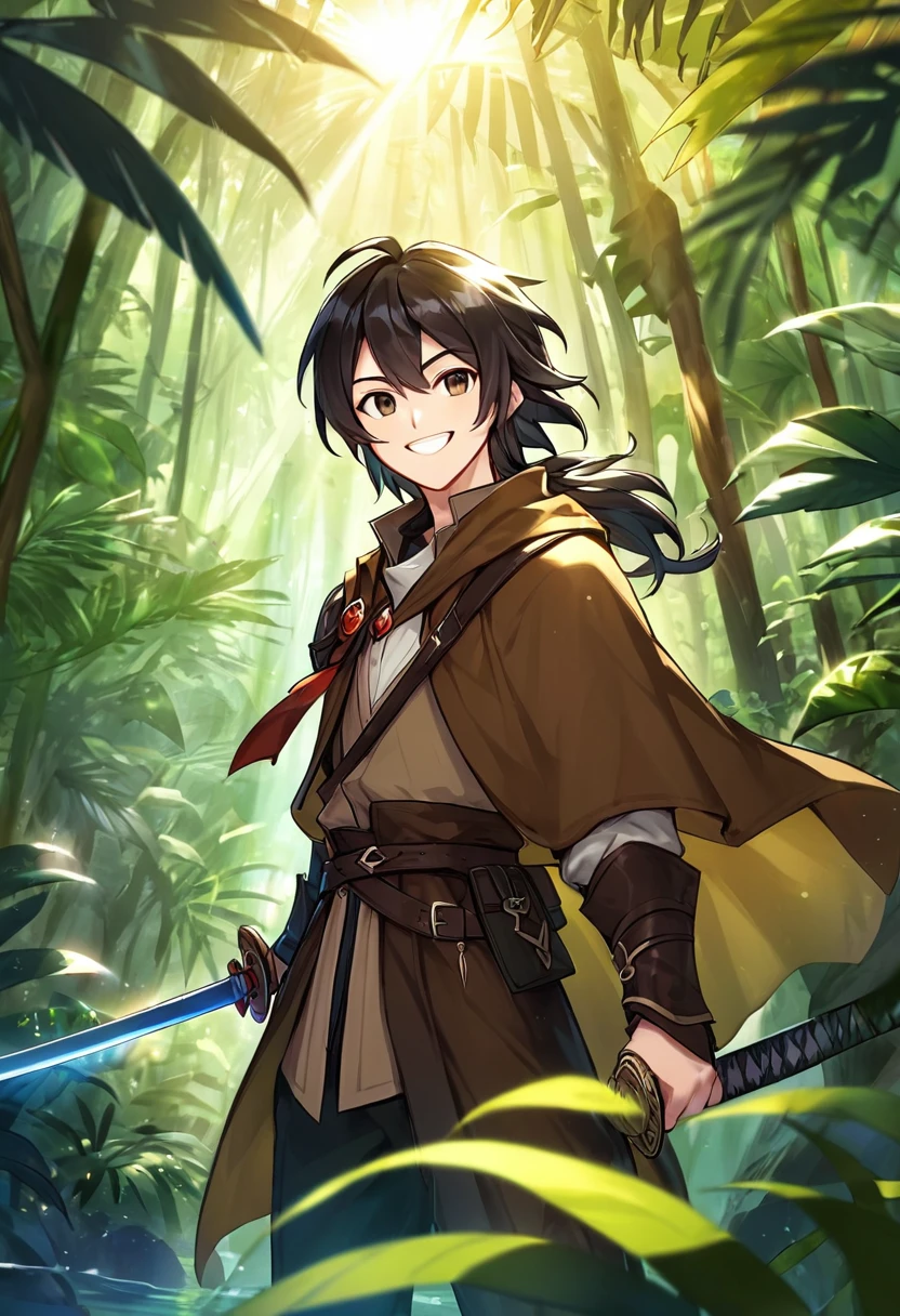 man, dnd, adventurer, brown cloak,black hair ,jungle , sun light, smile, sword