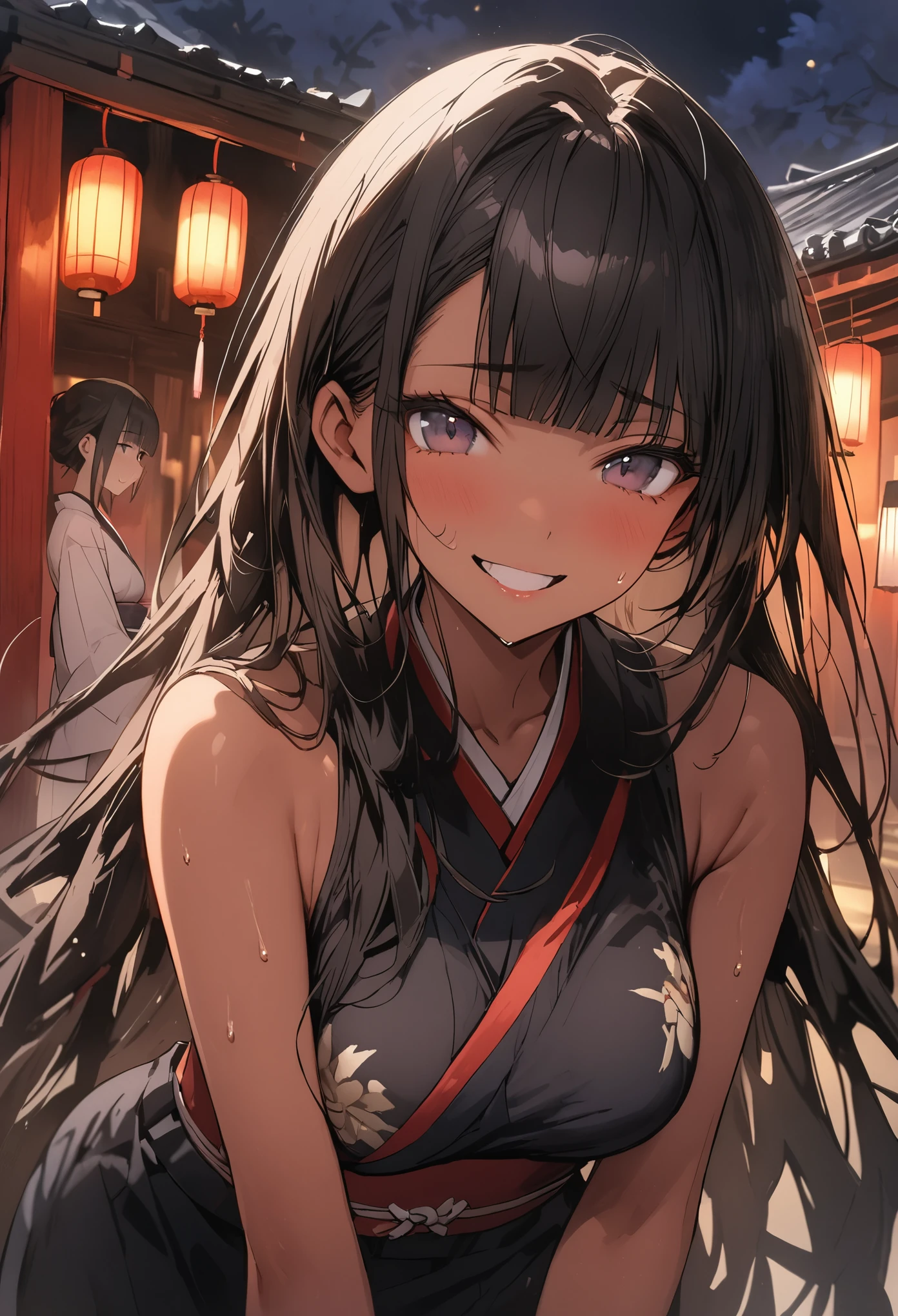 (masterpiece,Highest quality:1.3,best quality illustration),cowboy shot,1woman,(Mature Japan beauties)、black hair,long hair,blunt bangs,black eyes,gorgeous eyes,((very small head:1.3)),shy,smile,((very long body:1.2)),medium breasts,(tan skin, gleaming skin,toned body,slender body, skinny),sweat,(Ninja costume、Black kimono,Black Hakama),standing,shrine、night、moonlight、