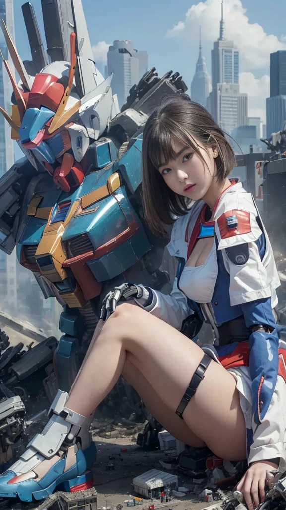 (((RAW image quality:1.4))), ((A giant mechanical woman much bigger than a skyscraper:1.4)), , Japanese, Beautiful face, Beautiful, lustrous skin, Super detailed, advanced details, high quality, 最high quality, High resolution, 1080P, Hard disk, beautiful,((Gundam:1.4)),beautiful almost,She wears futuristic pure white micro mechanical bra and micro mechanical panties,mechanical joints, Machine hands and feet, cleavage, almost naked, perfect proportions, (blue short cut straight hair), Beautiful blue eyes, very small metropolis。Sit spread-legged in a miniature metropolis just a few feet tall, stomping city,crash city,small town,micro city, small cars and trains, (Looking up angle from directly below), deep blue sky, (Mechanical tiny panties that dig into your crotch), Pay attention to the crotch,