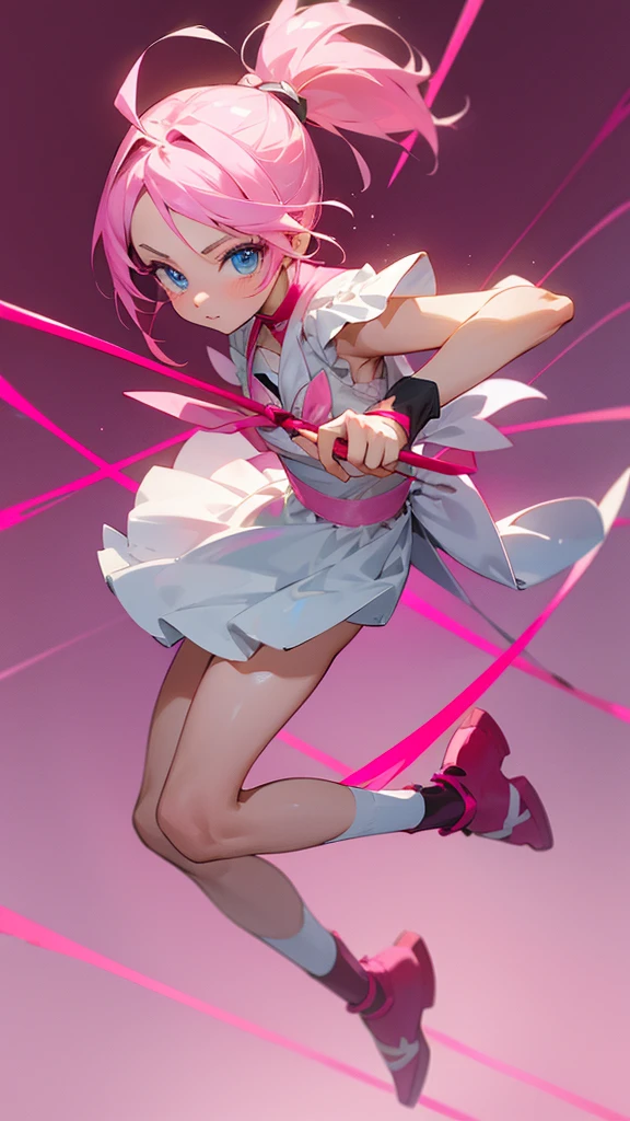 Anime girl wearing pink hair in two ponytail wearing a cupid outfit and holding a bow her pose is jumping and blue eyes full body with white screen (good fingers)