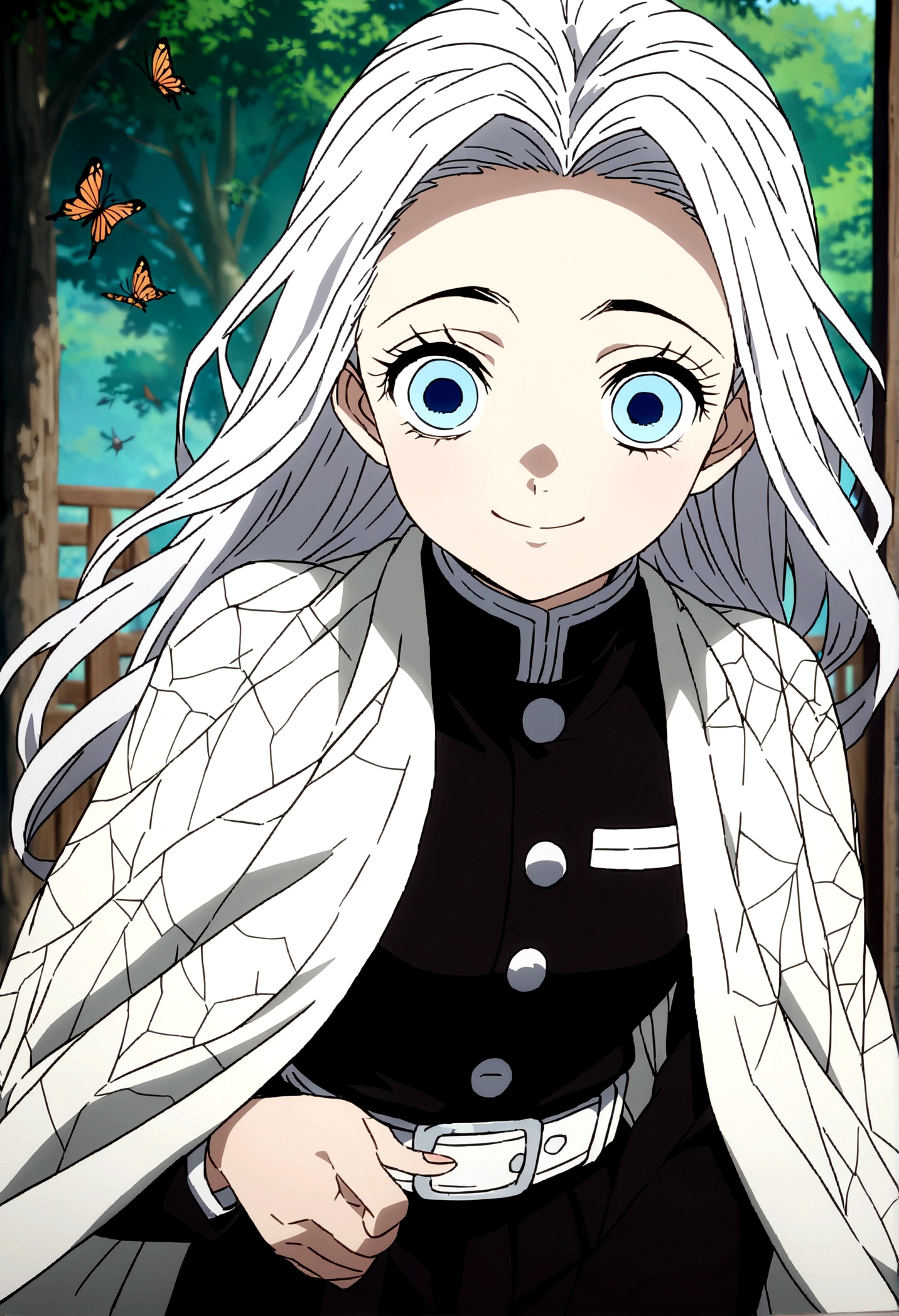 Screenshot of Kimetsu no Yaiba, 1girl, bug, demon slayer uniform, solo, blue eyes, long hair, smile, white hair, white cape, cape, outdoors, bangs, tree, fence, anime coloring,  ((masterpiece)) 