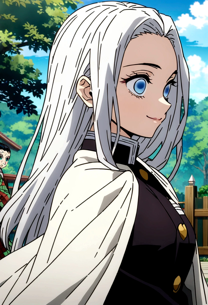 Screenshot of Kimetsu no Yaiba, 1girl, bug, demon slayer uniform, solo, blue eyes, long hair, smile, white hair, white cape, cape, outdoors, bangs, tree, fence, anime coloring, ((masterpiece))