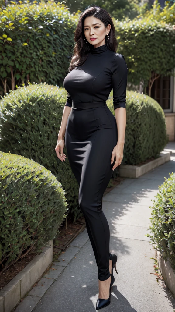 Best Quality, 4K, masterpiece, mature woman,55 years old,very sharp image,extremely beautiful woman,pinup,highly detailed beautiful face,big eyelahes,minimum waist,black midi slit dress, tights,long hair,excellent sense,(((one person))),highly detailed body,florish garden in the background
