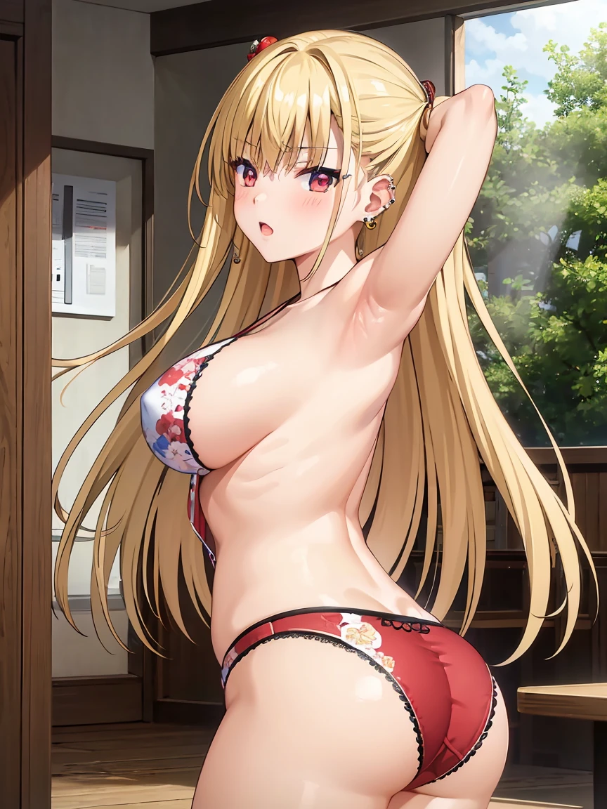 masterpiece, best quality, highres, kitagawa marin, 1girl, blonde hair, long hair, multicolored hair, red eyes, jewelry, earrings, piercing,rear viev,sexy pose,lace underwear,big ass,naked big ,sexy face,,detailed face,detailed eyes