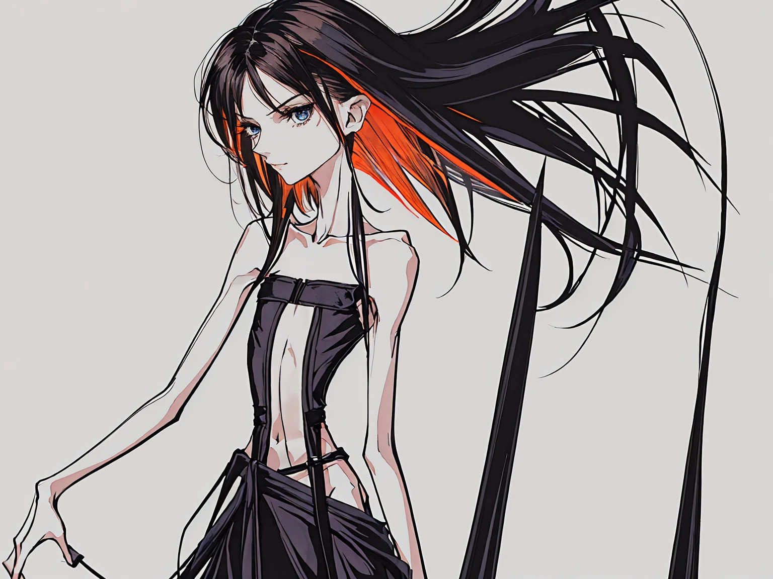 Very very so skinny young woman, very beautiful skinny Charli D'amelio, ((Charli D'amelio)), ((so very skinny girl: 1.3)), ((anorexic beautiful woman model: 1.3)), skinny girl of 20 years old, black long hair, black hair, Straight Hair, ((beautiful very skinny girl)), naked, ((very fine and very small waist)), ((very very small waist: 1.8)), ((so very tiny waist)), ((ribs visible: 1.2)), Very thin and delicate face, thin arms, thin legs, fine and beautiful face. ((Very very skinny and fine body)), small breats. ((Anorexic skinny girl: 1.3)), realistic, HD, color, 8k, high quality. ((Very anoréxic skinny body)). Very thin and delicate face, small nose, white background, (brown eyes), very beautiful skinny and malnourished girl, so very anoréxic beautiful girl. young woman with an ectomorphic body type, ((a thin belt extremely adjusting the tiny waist: 1.3)), ASU1, Realism., asuka, blue eyes, orange hair, body side view.