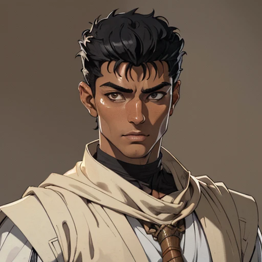 (masterpiece), (best quality),(portrait),(bust up),1boy,solo,(sharp focus),((look at viewer)),tanned skin ,(black hair),adult, (ancient:1),ancient luxurious long clothes,old school fantasy art,((simple background)),super shiny face,Ultra Glossy Skin,guts \(berserk\),(in jedioutfit),Beige outfit